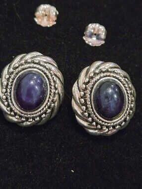 Vintage AVvon Silver Tone Earrings with Faux  Purple Cabochons Nina Ricci (NR)